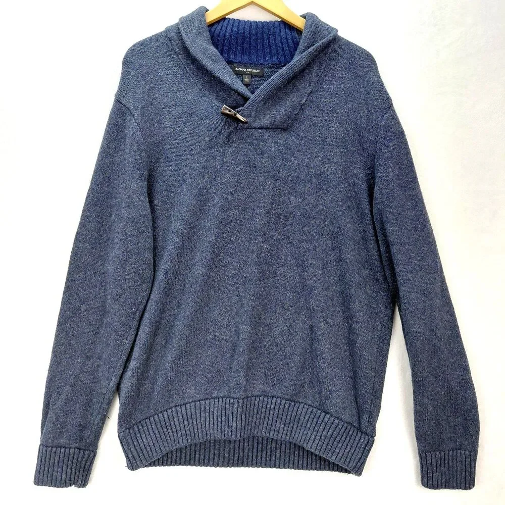 Banana Republic Sweater Mens Large Blue Shawl Collar Wool Blend Fisherman Toggle